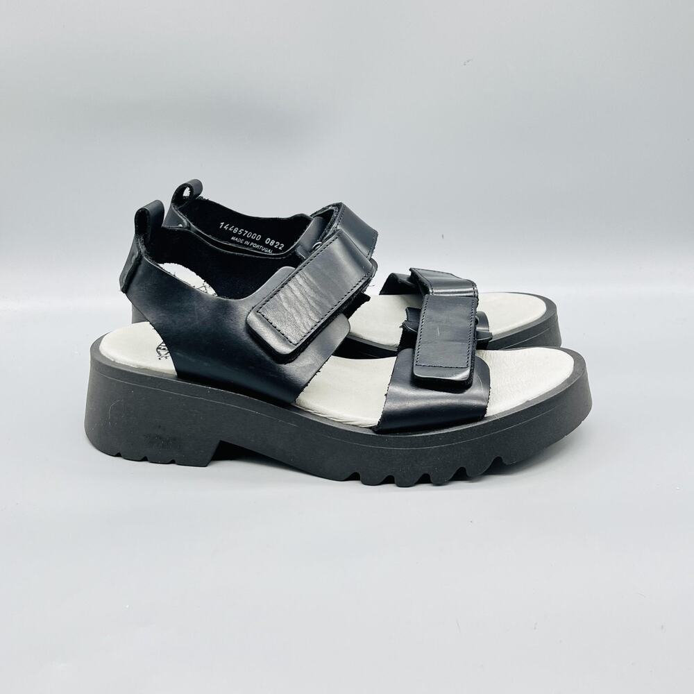 FLY London Sandals Women 11 Black Leather Strappy Hook & Loop Wedge Shoes Casual